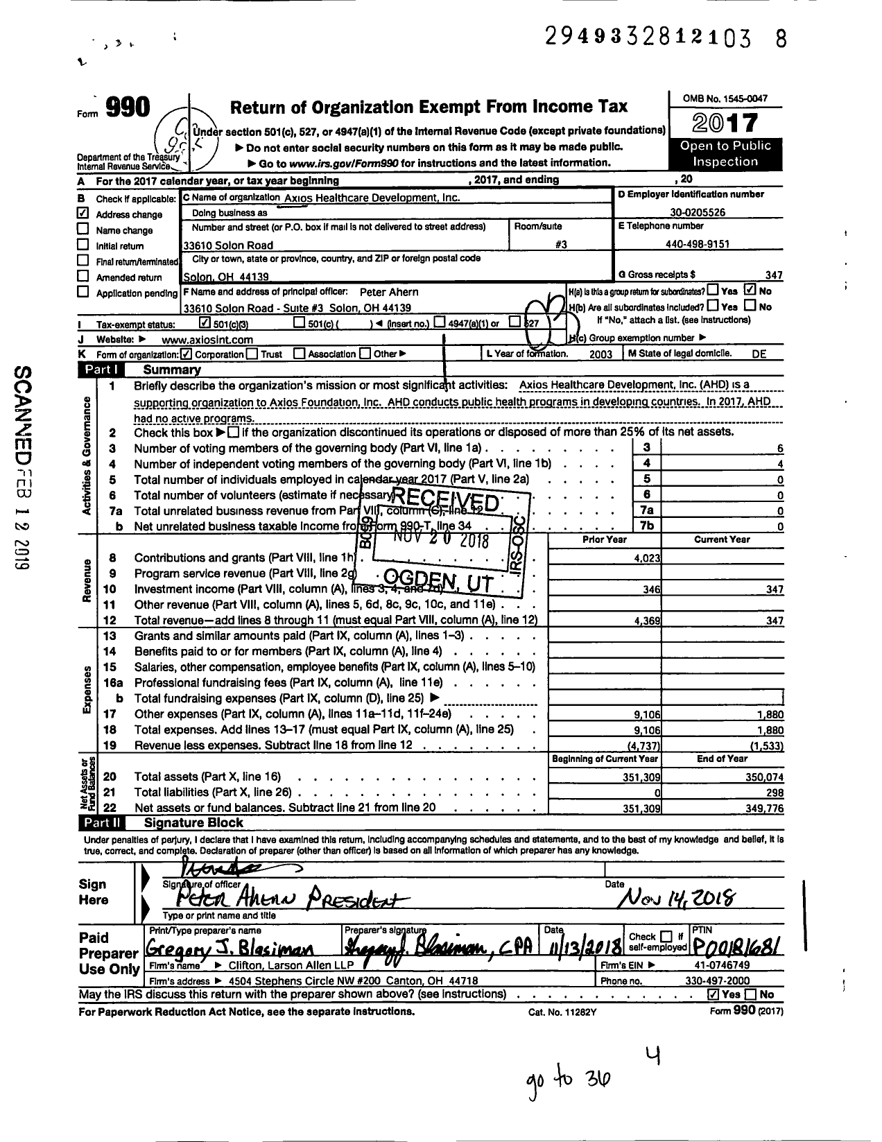 Image of first page of 2017 Form 990 for Axios Healthcare Development