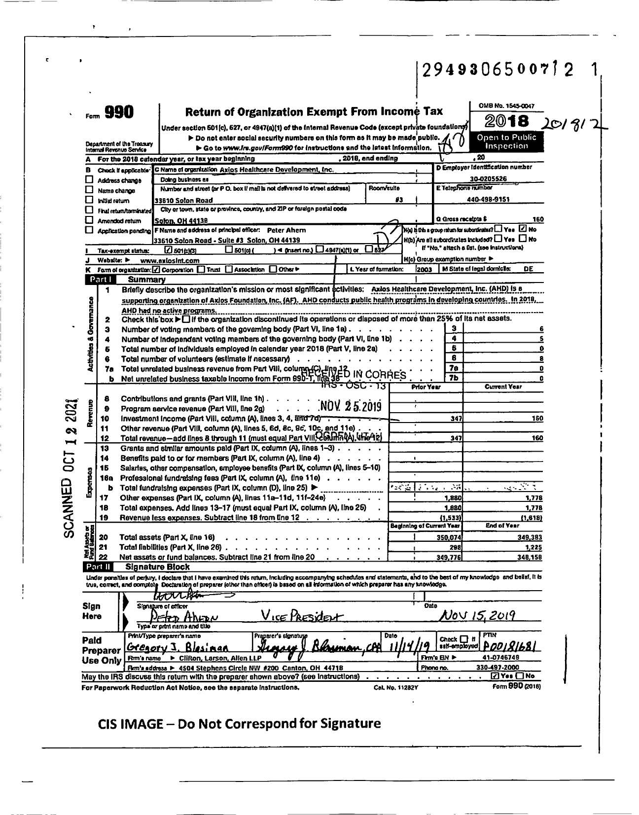 Image of first page of 2018 Form 990 for Axios Healthcare Development