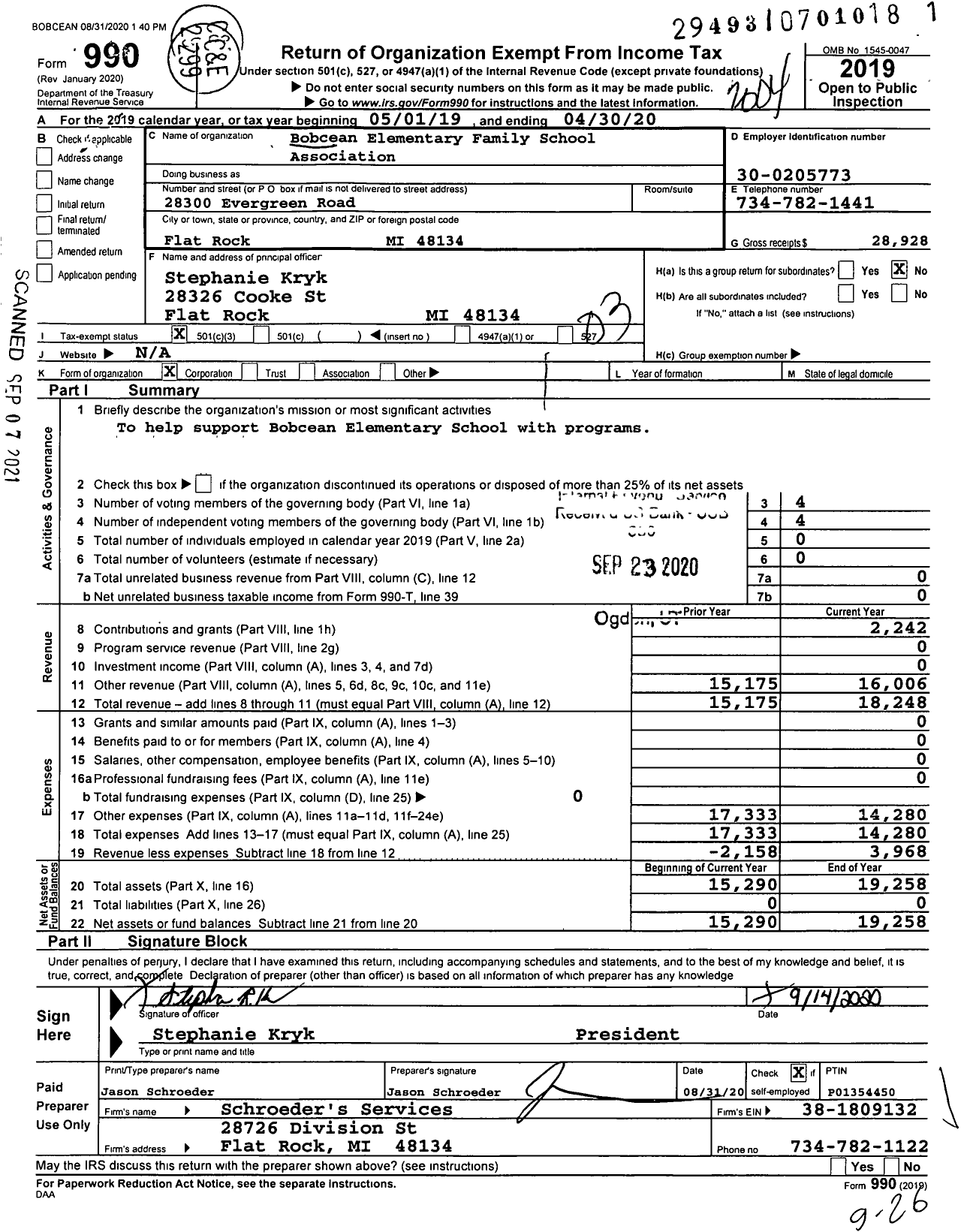 Image of first page of 2019 Form 990 for Bobcean Elementary Family School Association