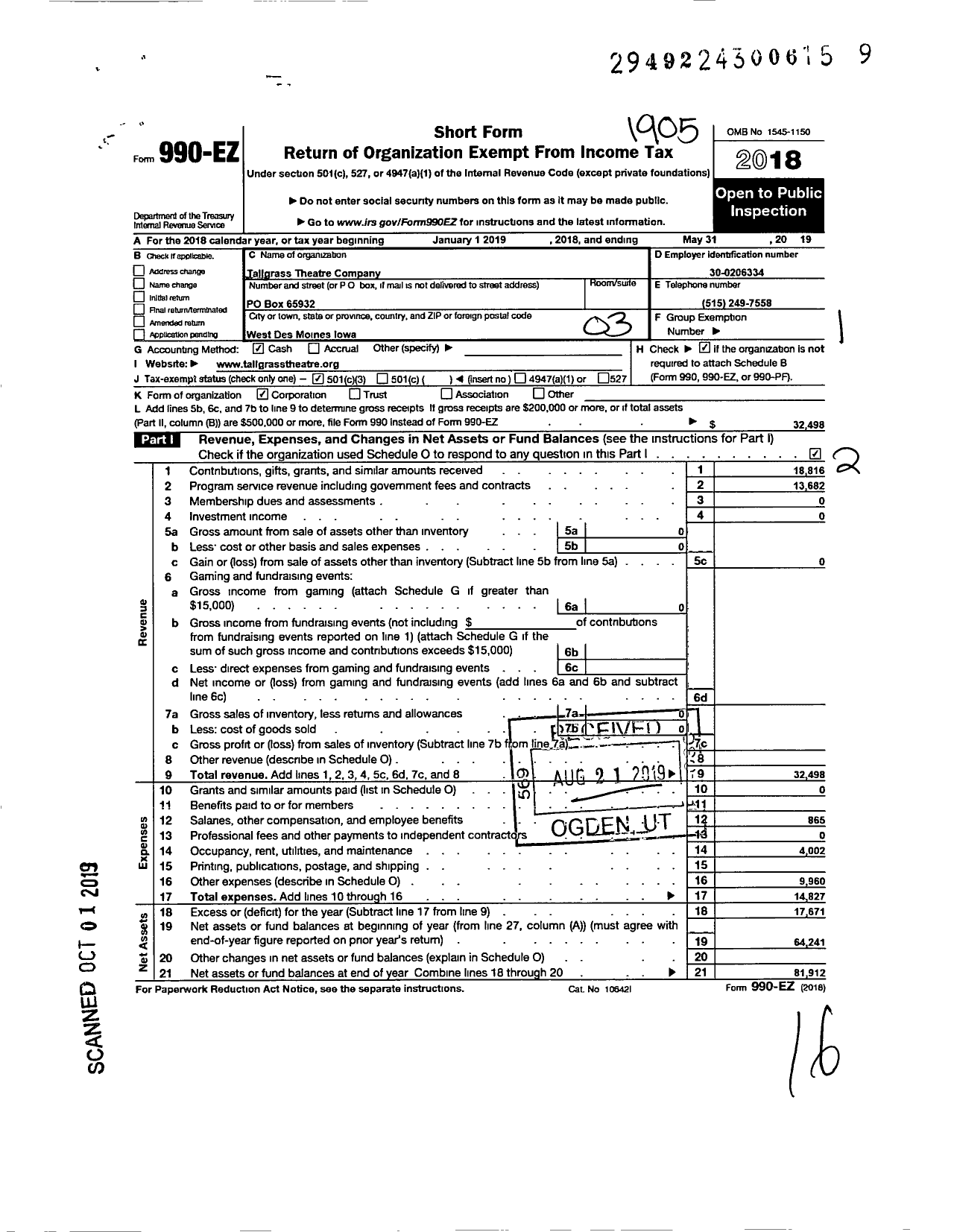 Image of first page of 2018 Form 990EZ for Tallgrass Theatre Company