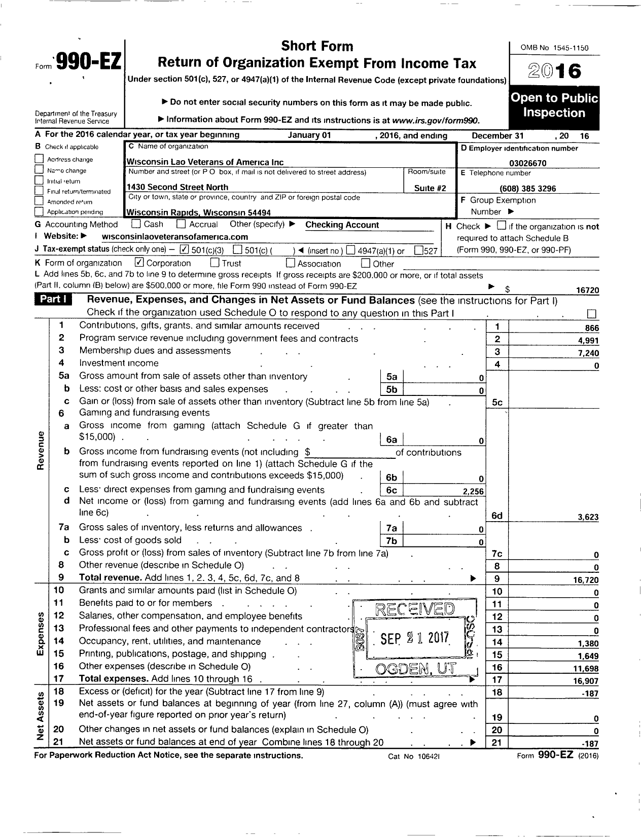 Image of first page of 2016 Form 990ER for Wisconsin Lao Veterans of America