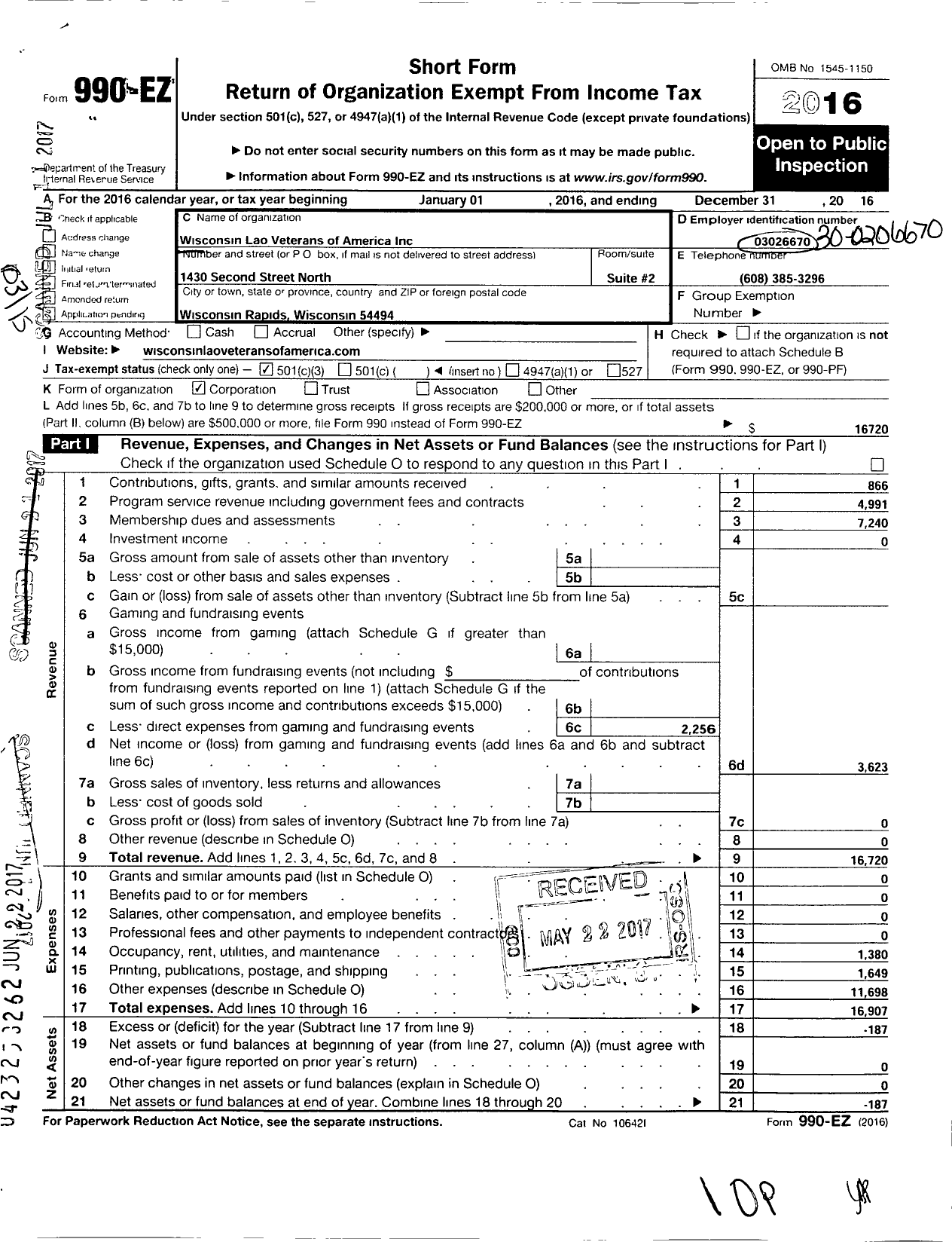 Image of first page of 2016 Form 990EZ for Wisconsin Lao Veterans of America