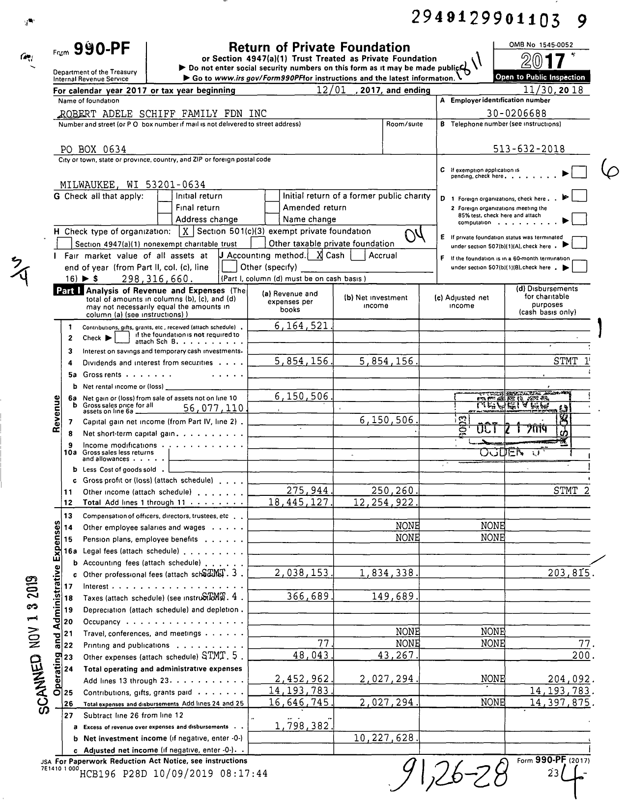 Image of first page of 2017 Form 990PF for Robert Adele Schiff Family Foundation