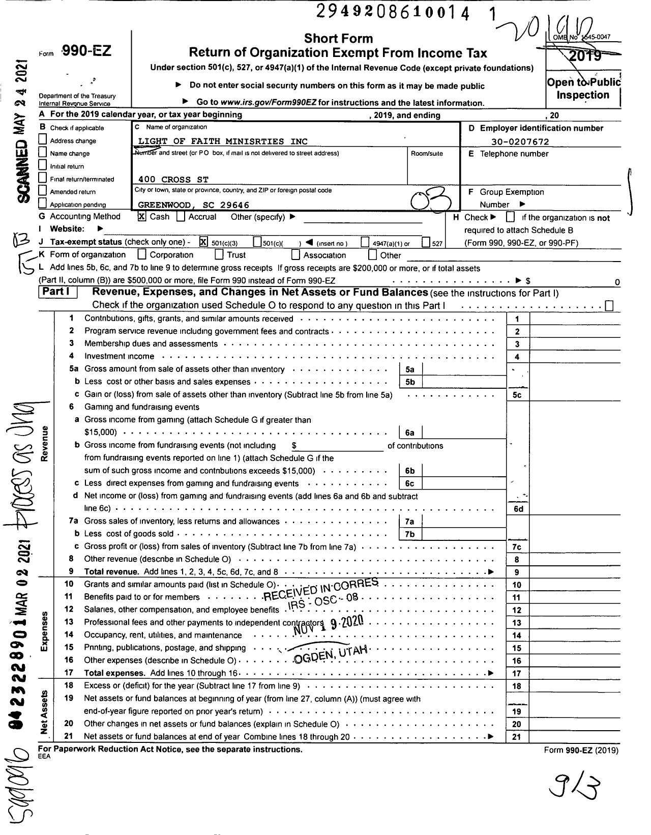 Image of first page of 2019 Form 990EZ for Light of Faith Ministries