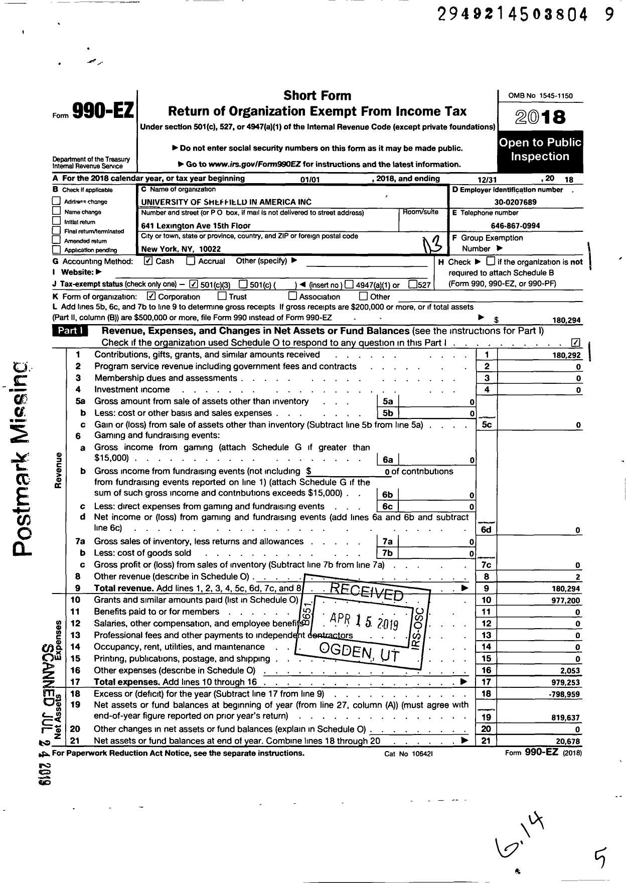 Image of first page of 2018 Form 990EZ for University of Sheffield in America