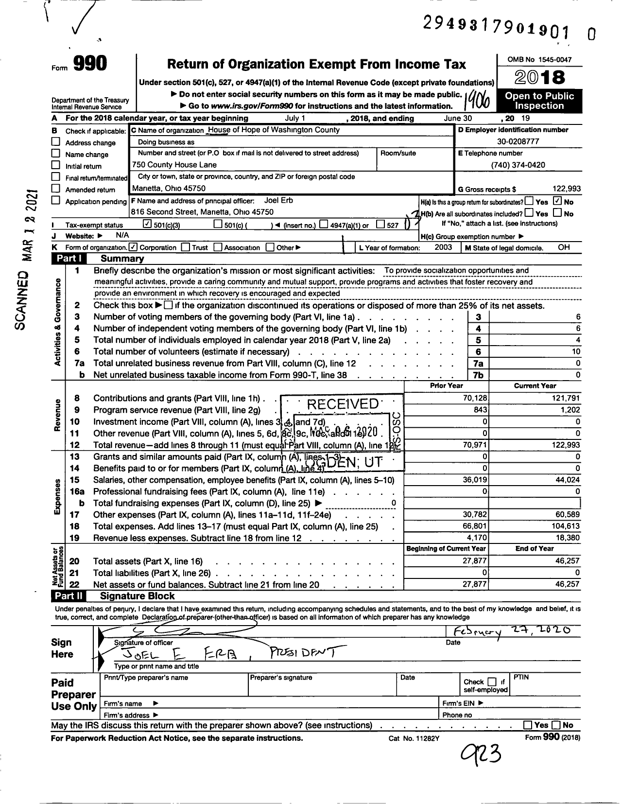 Image of first page of 2018 Form 990 for House of Hope of Washington County