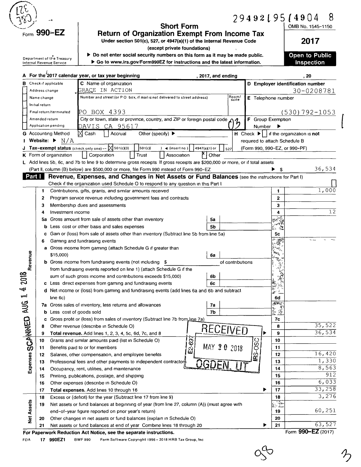 Image of first page of 2017 Form 990EZ for Grace in Action