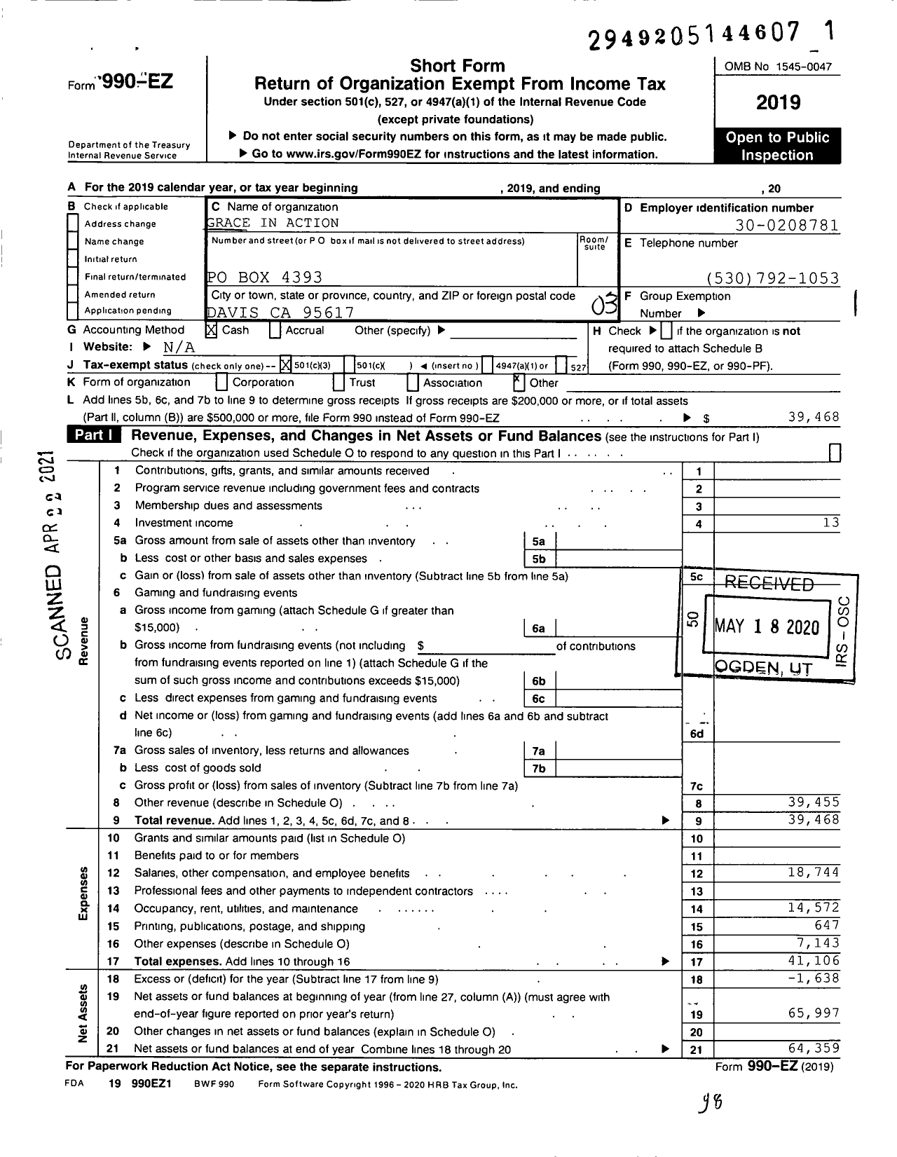 Image of first page of 2019 Form 990EZ for Grace in Action