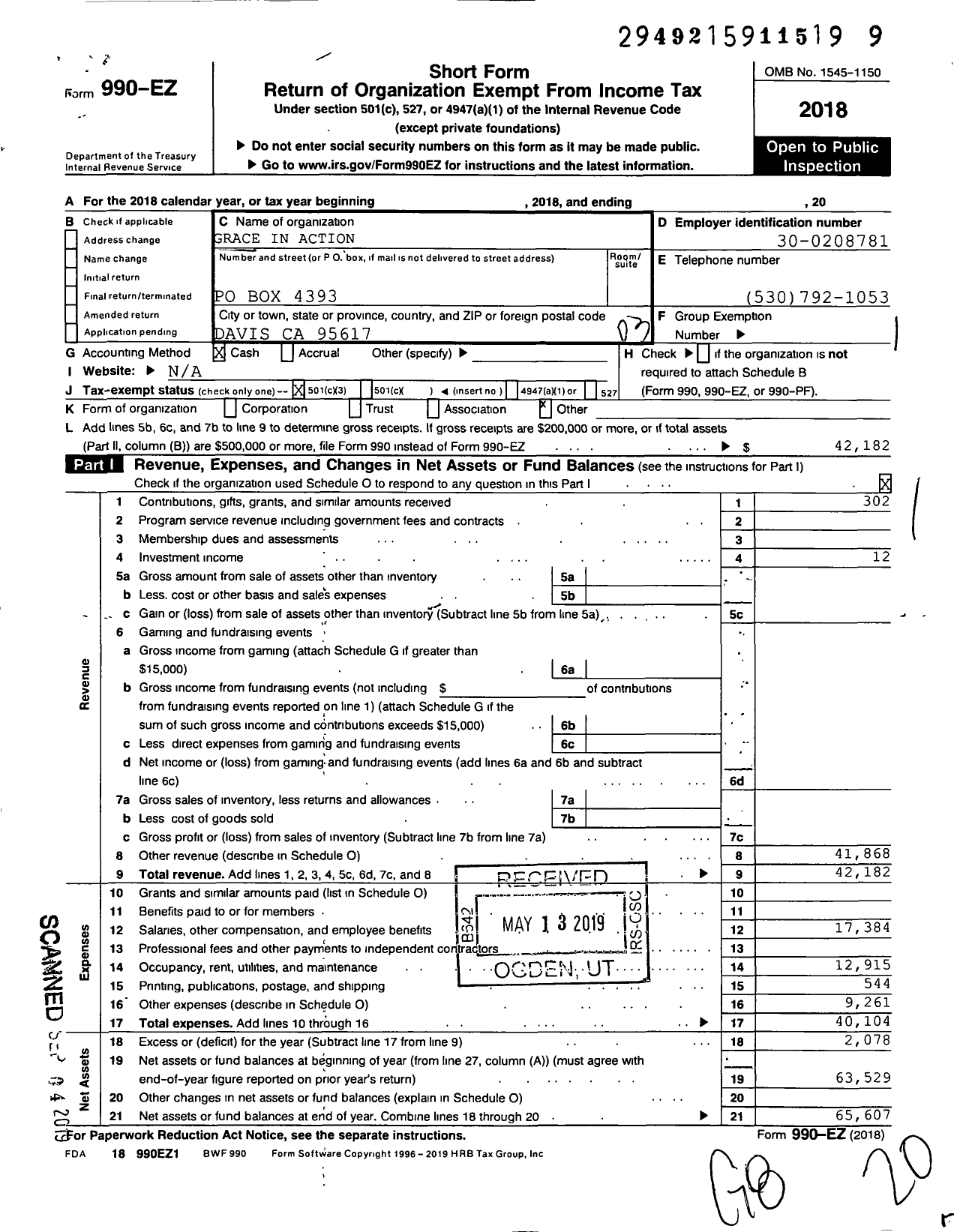 Image of first page of 2018 Form 990EZ for Grace in Action