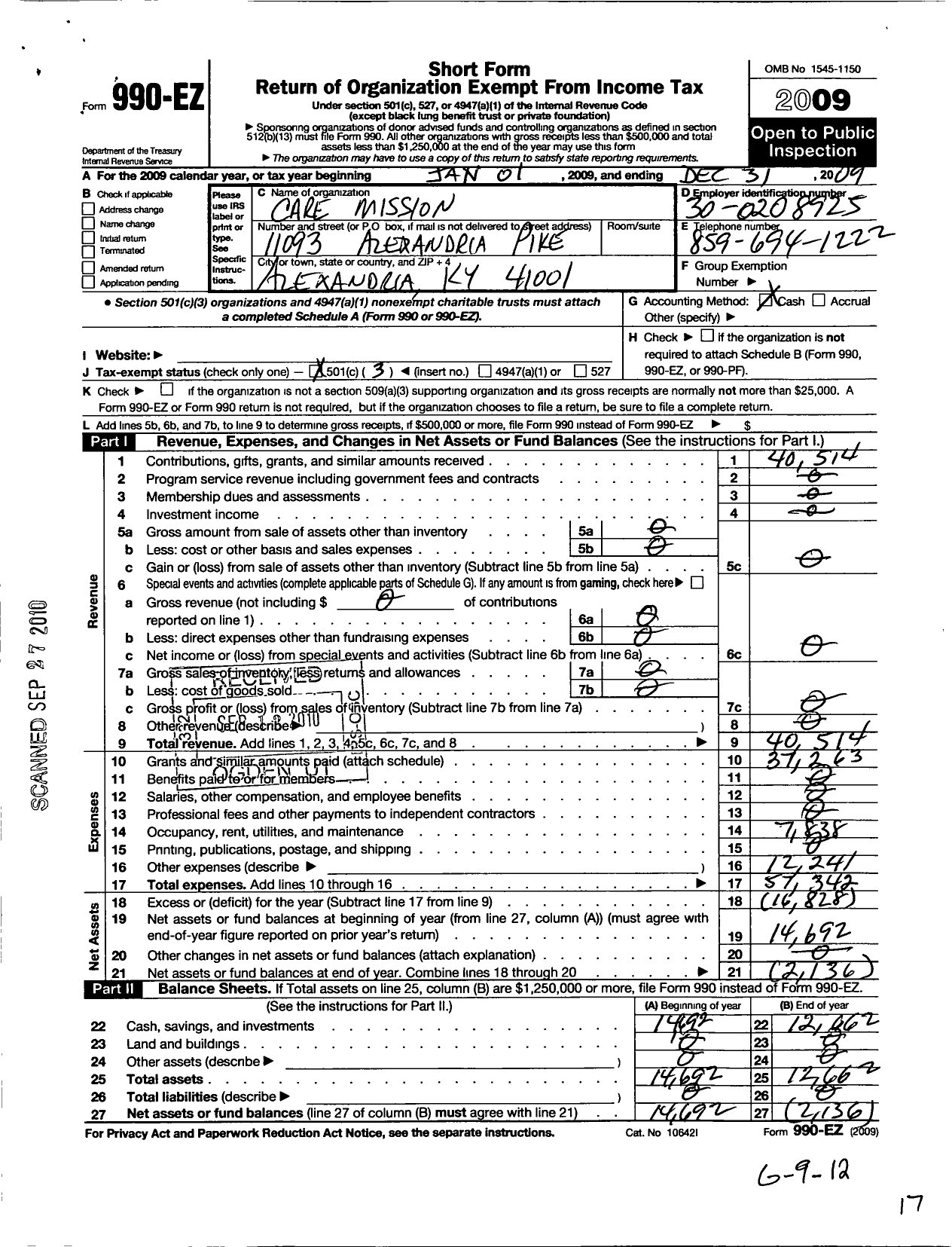 Image of first page of 2009 Form 990EZ for C A R E Mission