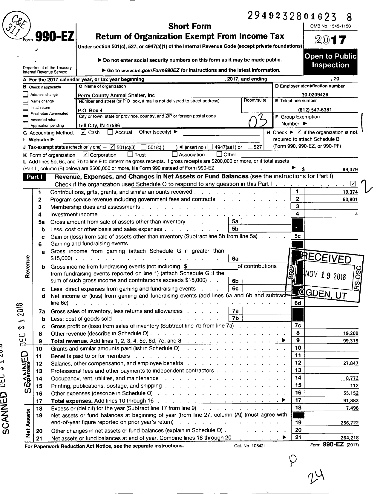 Image of first page of 2017 Form 990EZ for Perry County Animal Shelter