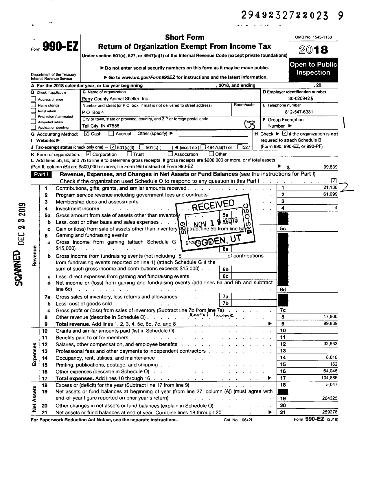 Image of first page of 2018 Form 990EZ for Perry County Animal Shelter