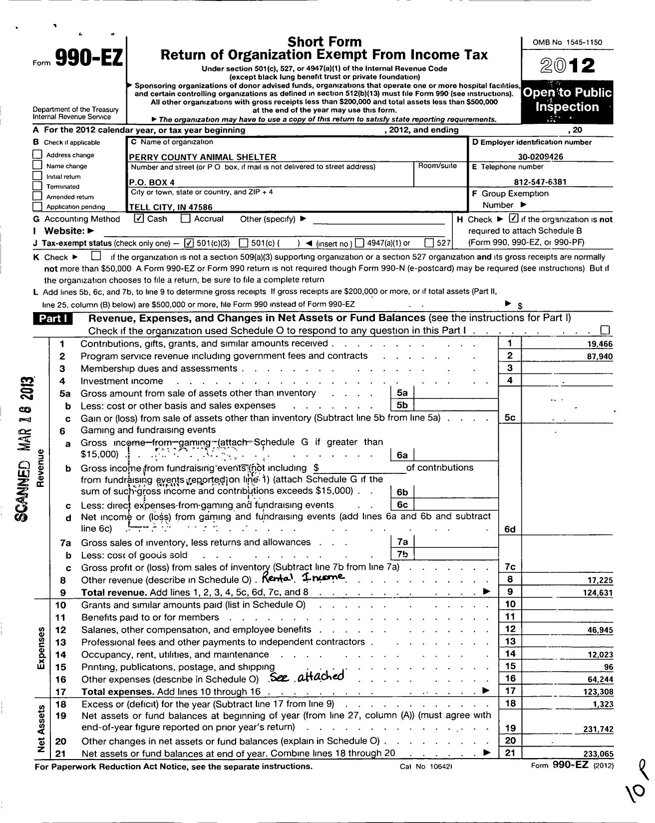 Image of first page of 2012 Form 990EZ for Perry County Animal Shelter