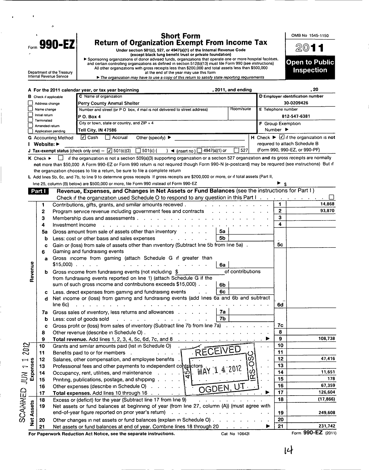 Image of first page of 2011 Form 990EZ for Perry County Animal Shelter