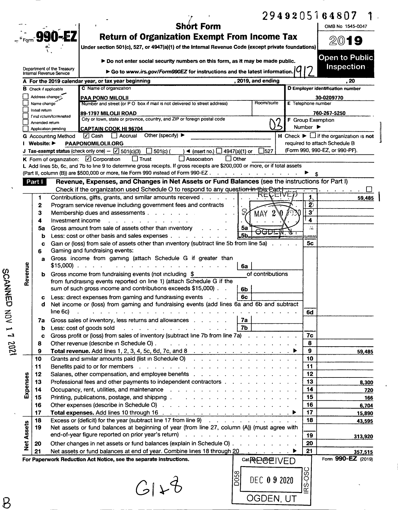 Image of first page of 2019 Form 990EZ for Paa Pono Milolii