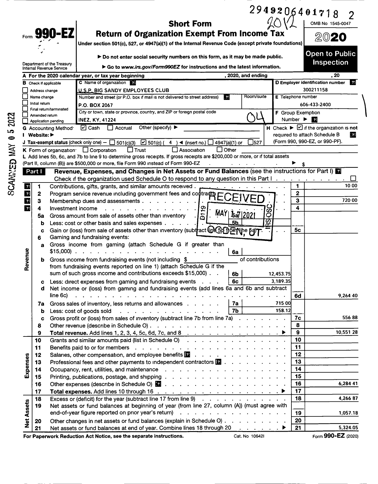 Image of first page of 2020 Form 990EO for Usp Big Sandys Employees Club