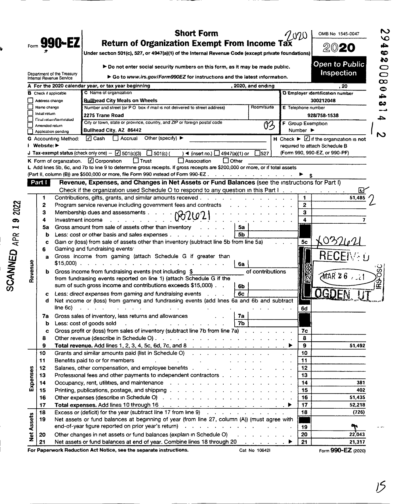 Image of first page of 2020 Form 990EZ for Meals on Wheels-Bullhead City Az