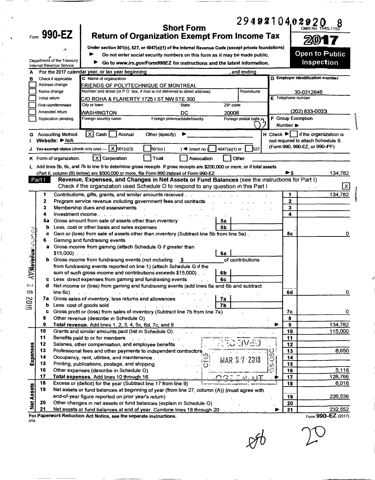 Image of first page of 2017 Form 990EZ for Friends of Polytechnique of Montreal