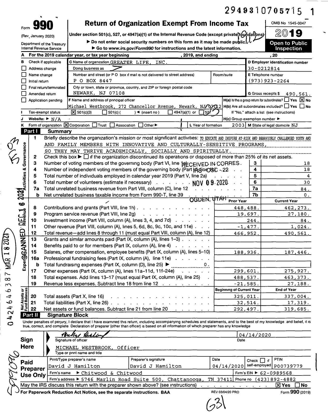 Image of first page of 2019 Form 990 for Greater Life