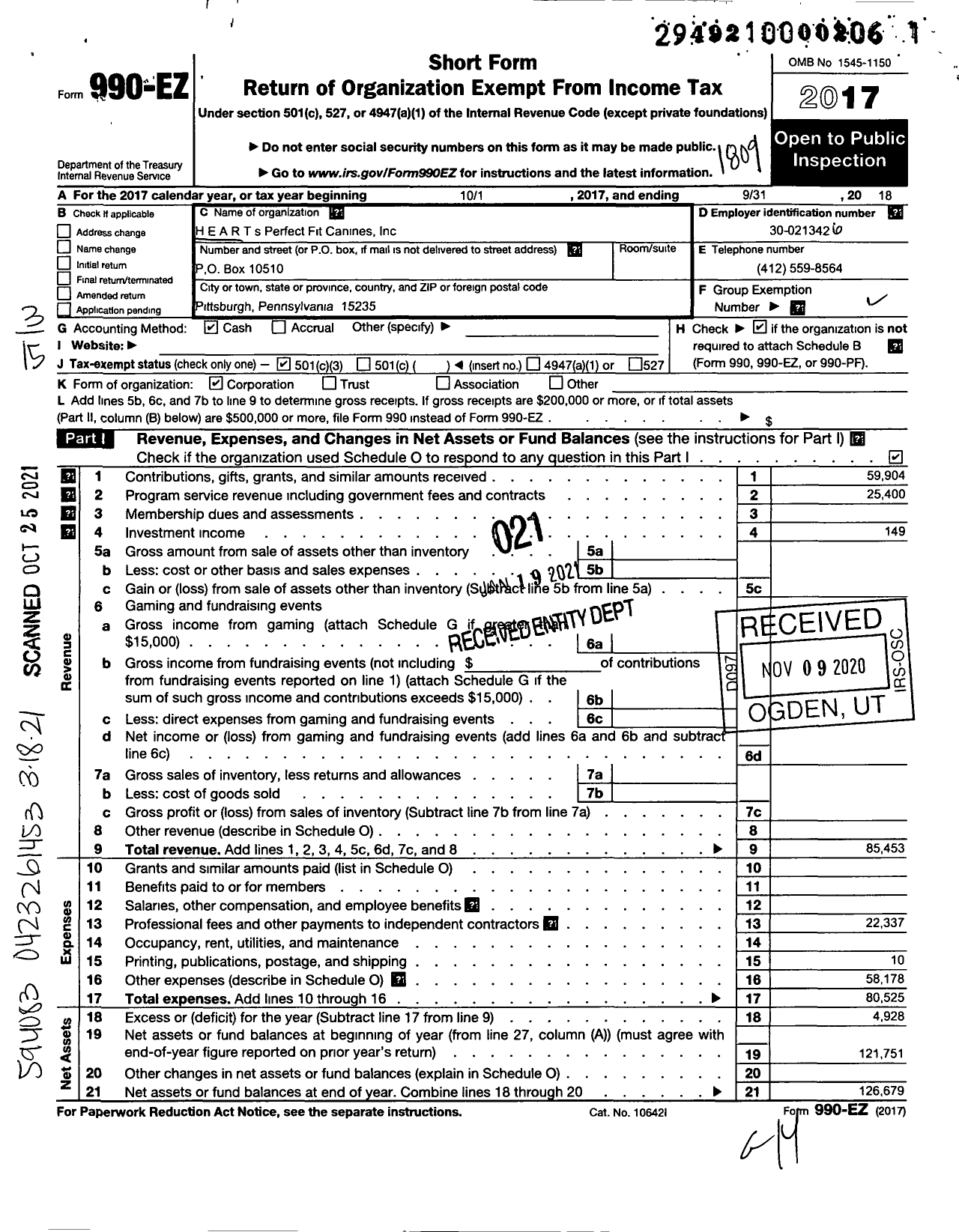 Image of first page of 2017 Form 990EZ for HEARTs Perfect Fit Canines