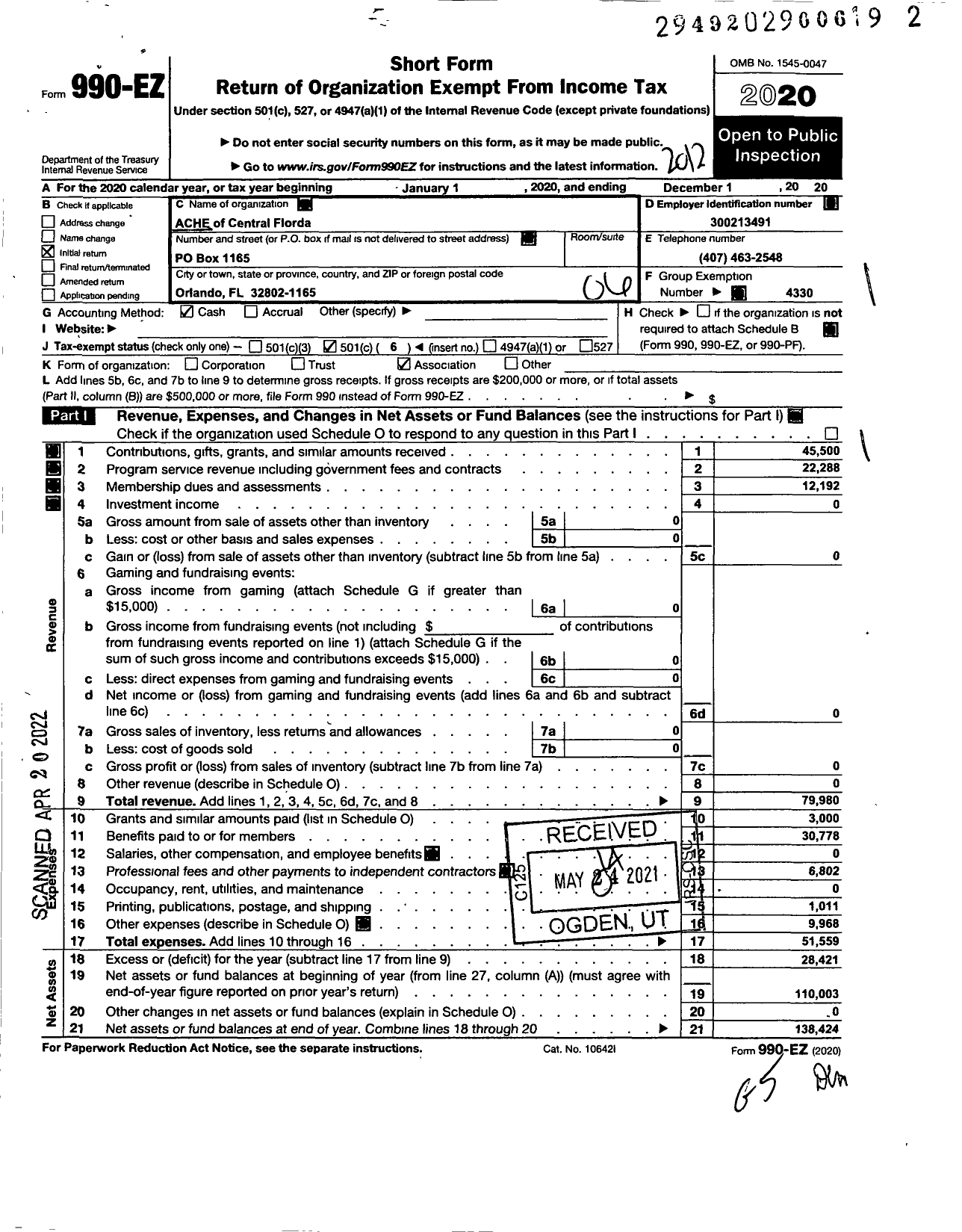 Image of first page of 2020 Form 990EO for American College of Healthcare Executives of Central Florida