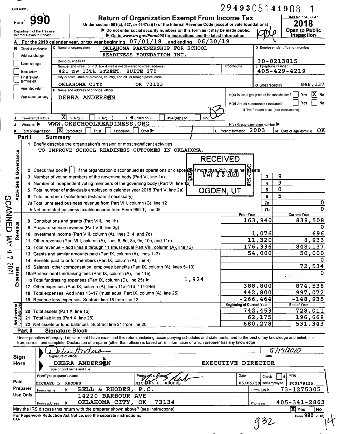 Image of first page of 2018 Form 990 for Oklahoma Partnership for School Readiness Foundation