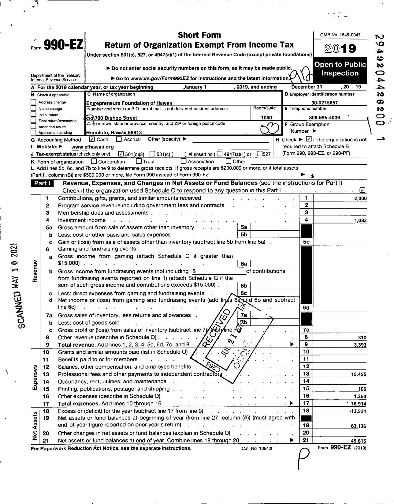 Image of first page of 2019 Form 990EZ for Entrepreneurs Foundation of Hawaii