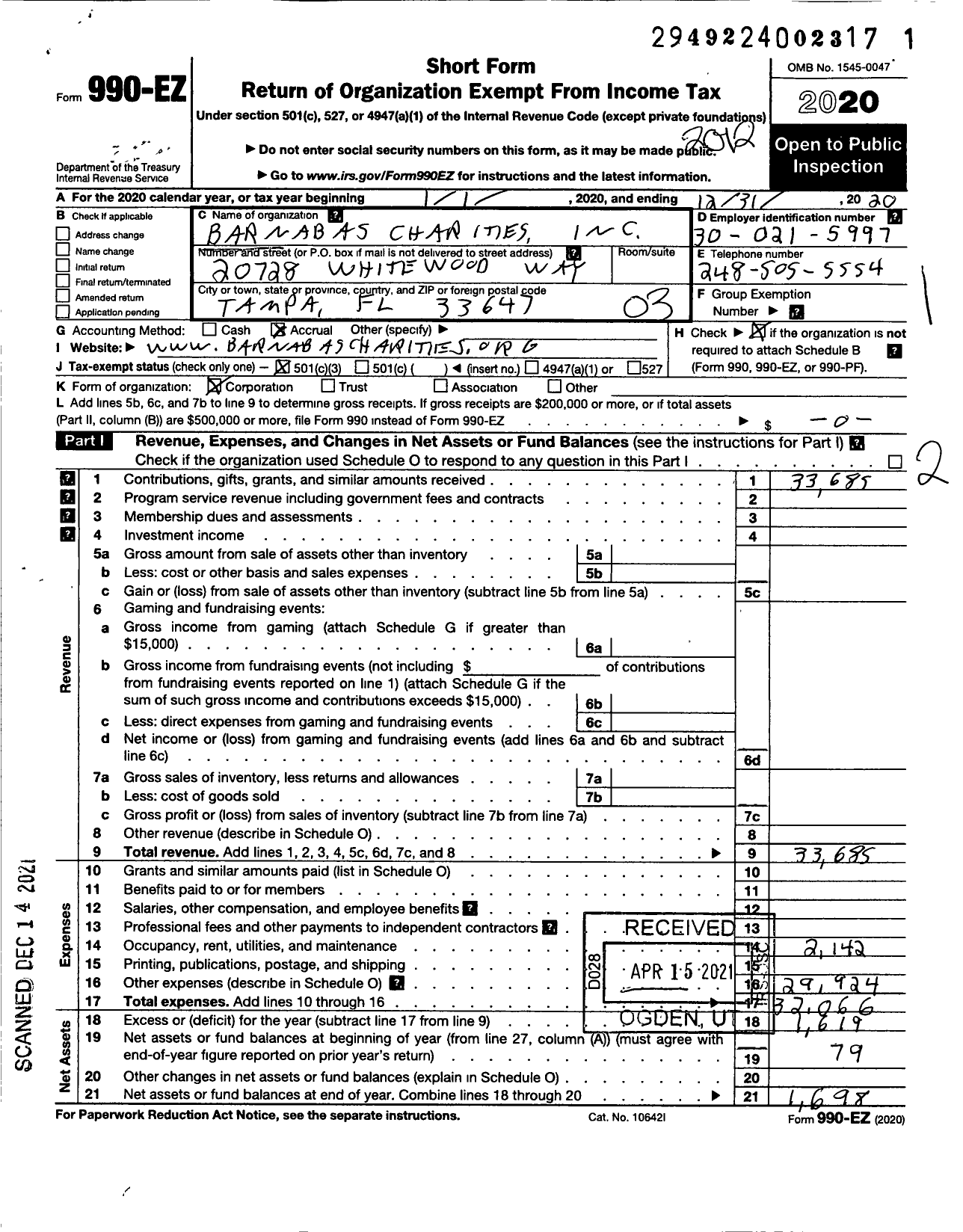 Image of first page of 2020 Form 990EZ for Barnabus Charities A Michigan Non-Profit Corporation