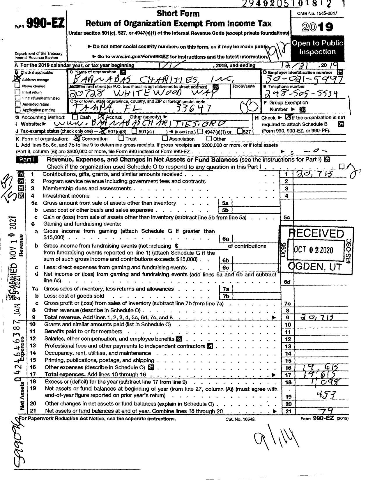 Image of first page of 2019 Form 990EZ for Barnabus Charities A Michigan Non-Profit Corporation