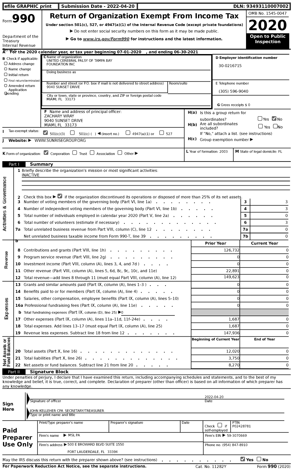 Image of first page of 2020 Form 990 for United Cerebral Palsy of Tampa Bay Foundation