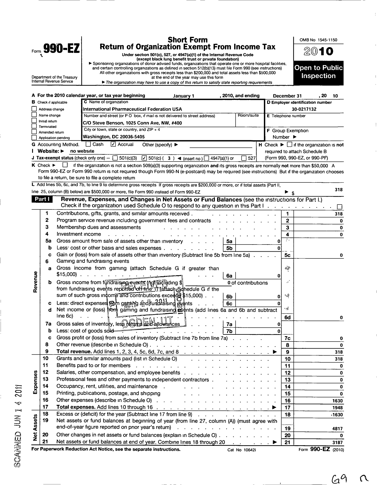 Image of first page of 2010 Form 990EZ for International Pharmaceutical Federation U S A