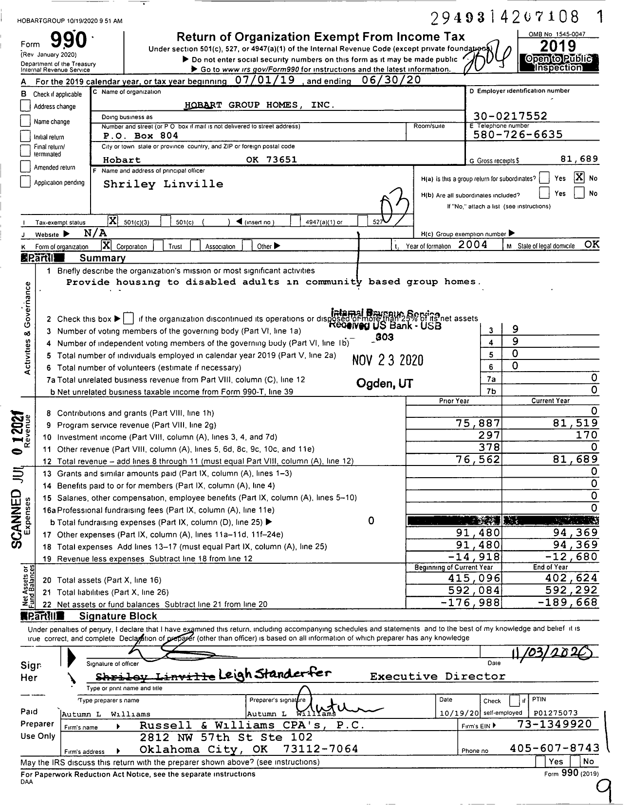 Image of first page of 2019 Form 990 for Hobart Group Homes