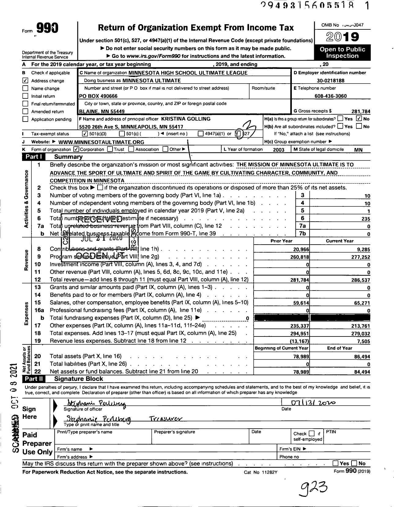 Image of first page of 2019 Form 990 for Minnesota Ultimate