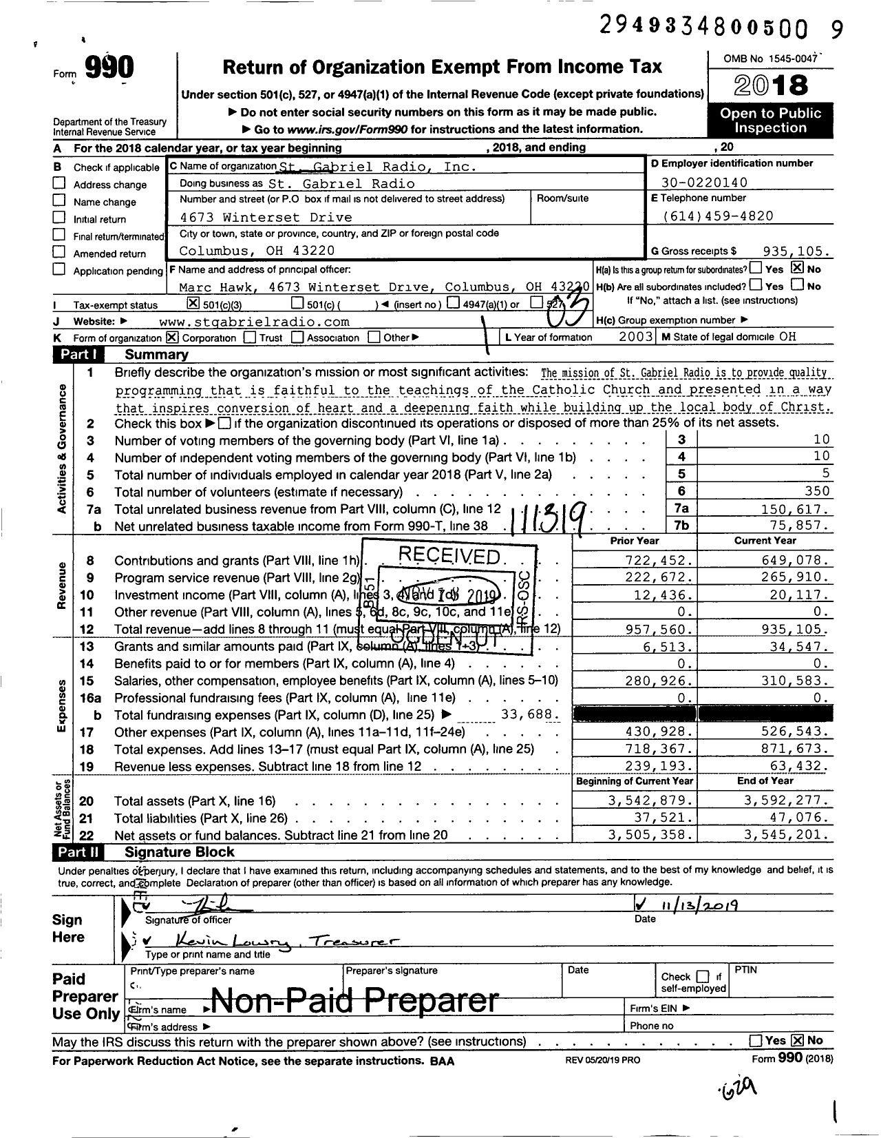 Image of first page of 2018 Form 990 for St Gabriel Radio