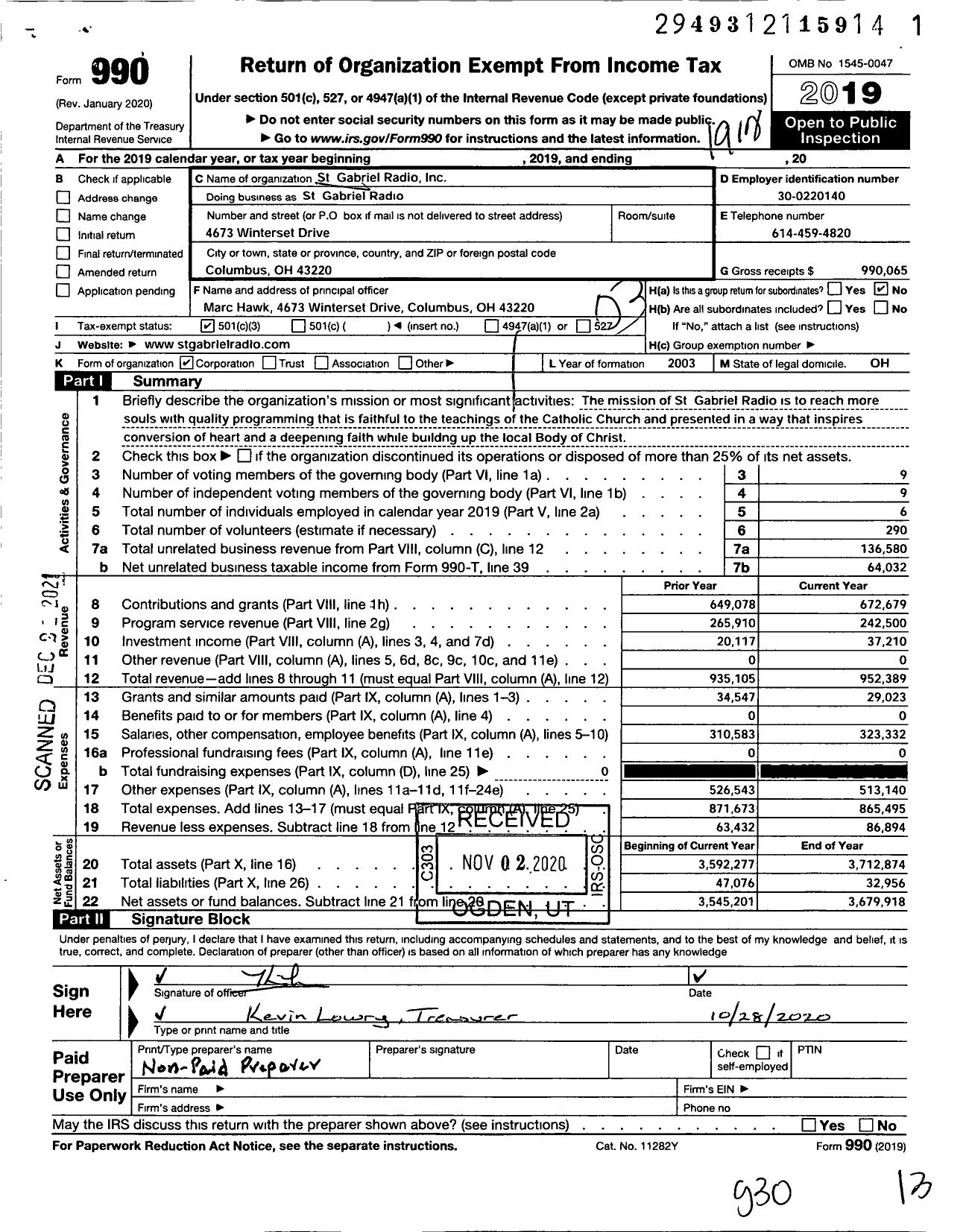 Image of first page of 2019 Form 990 for St Gabriel Radio