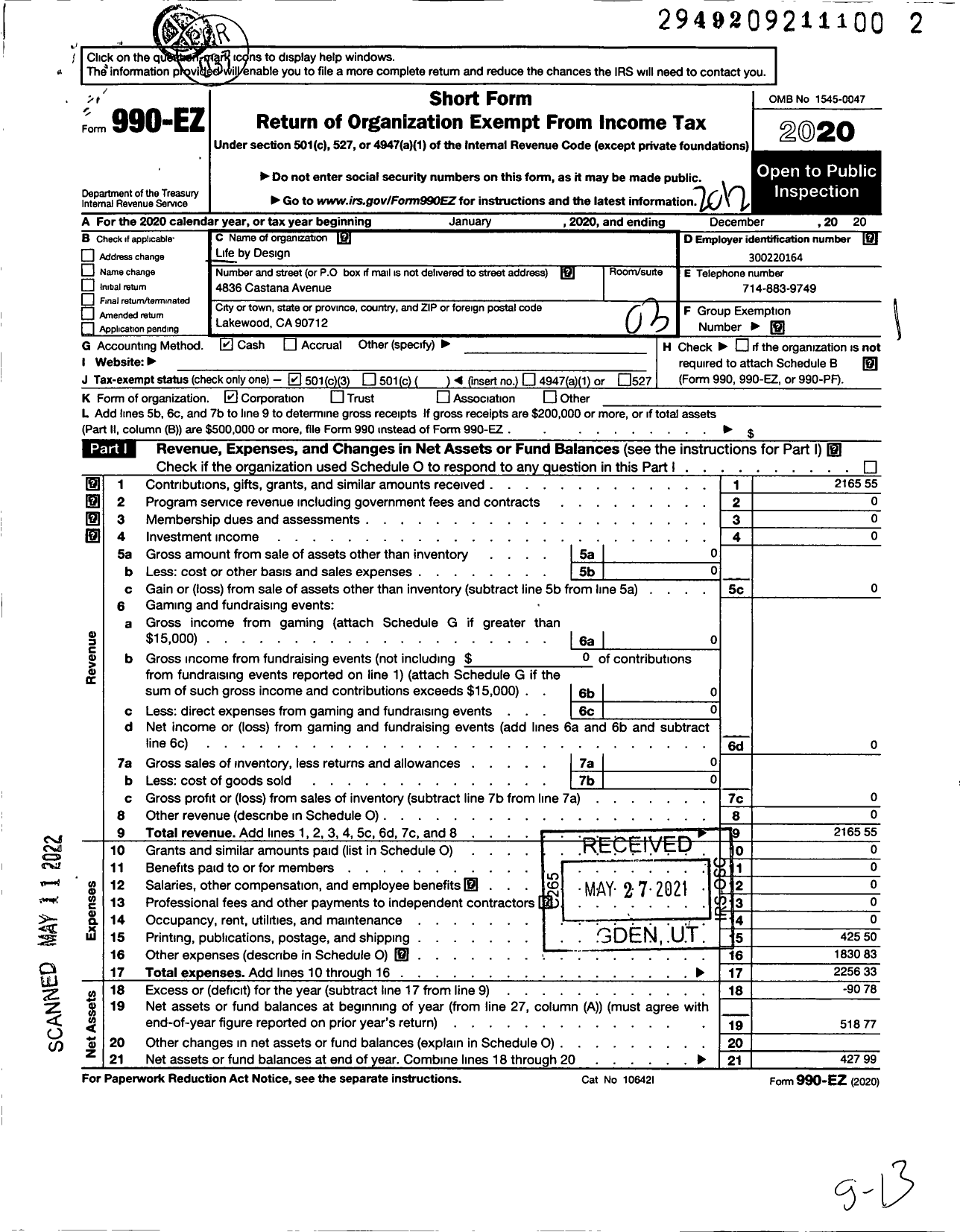 Image of first page of 2020 Form 990EZ for Life By Design