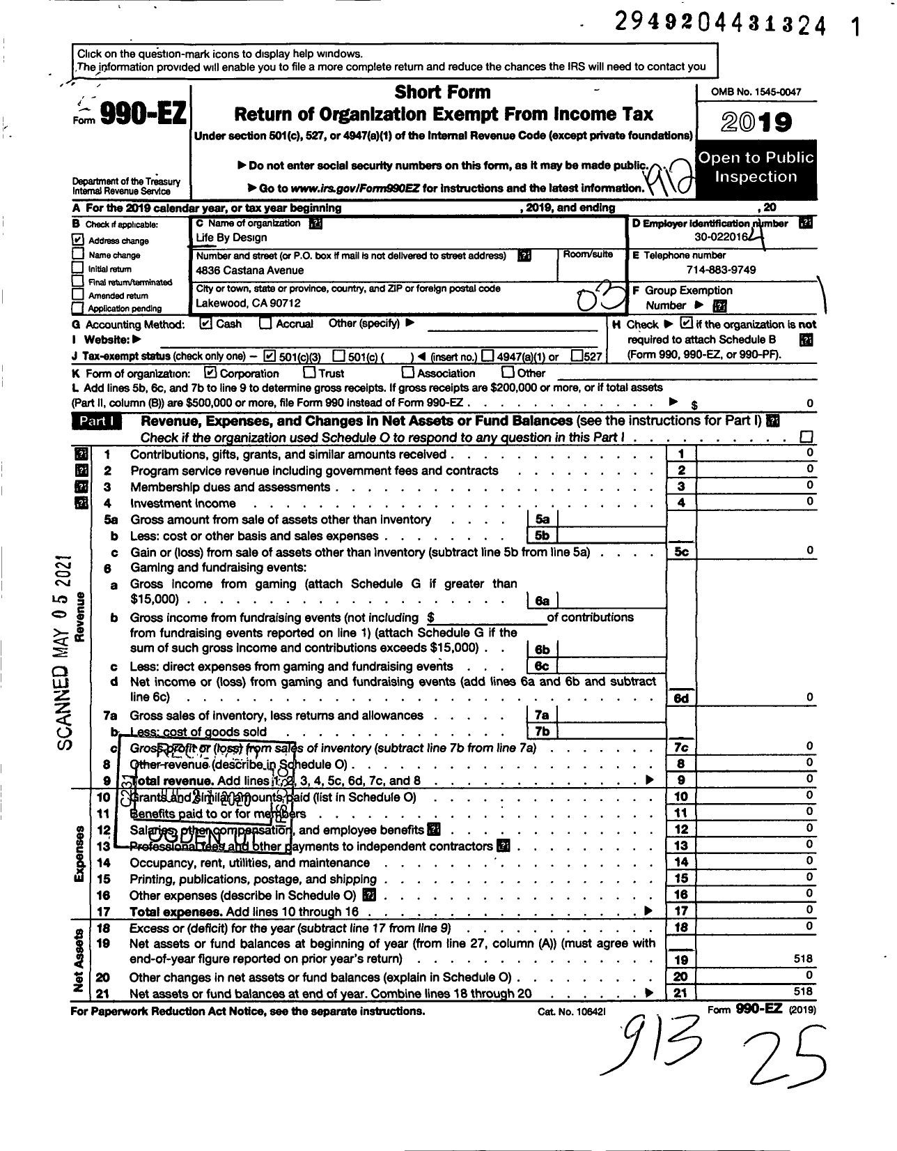 Image of first page of 2019 Form 990EZ for Life By Design