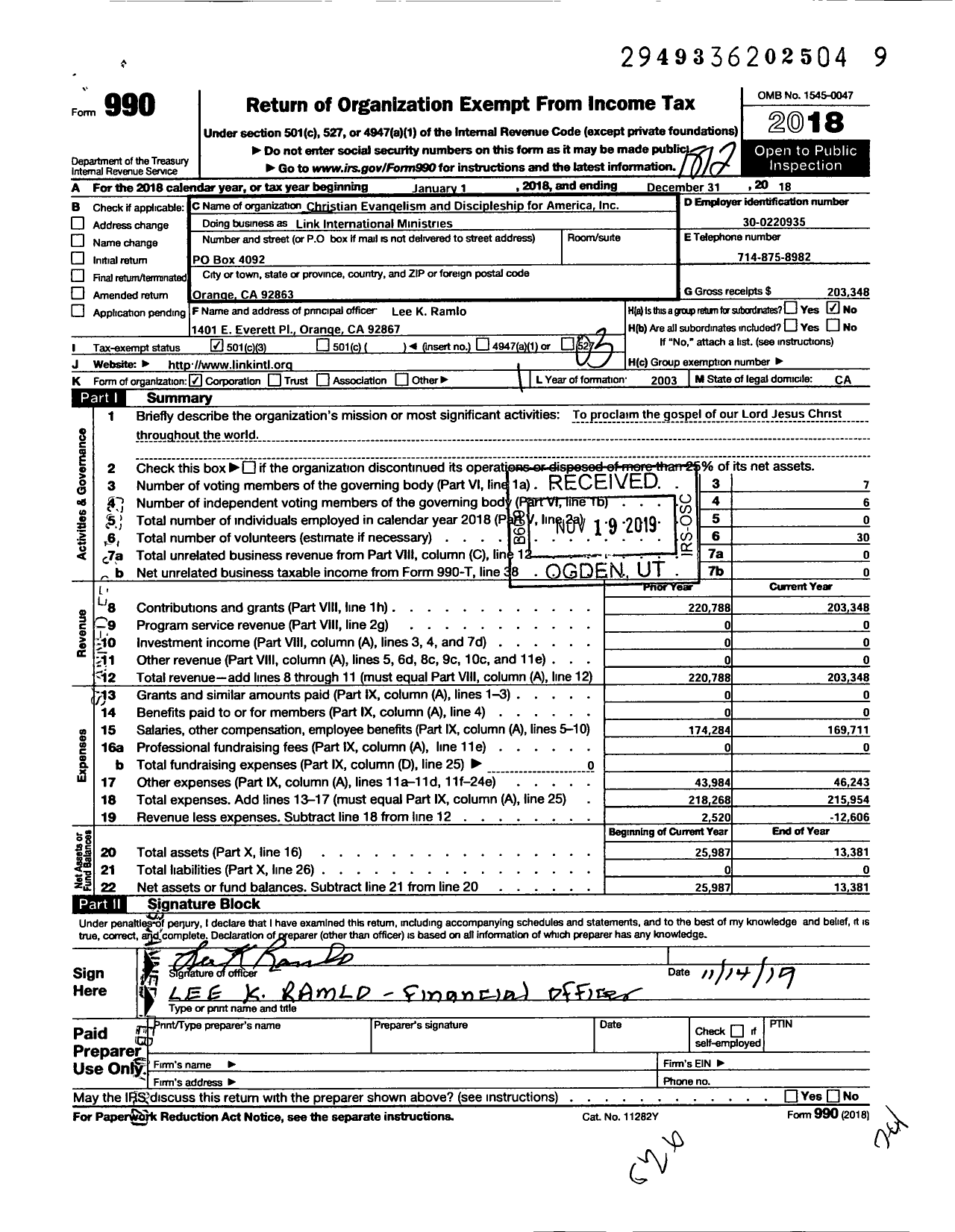 Image of first page of 2018 Form 990 for Link International Ministries