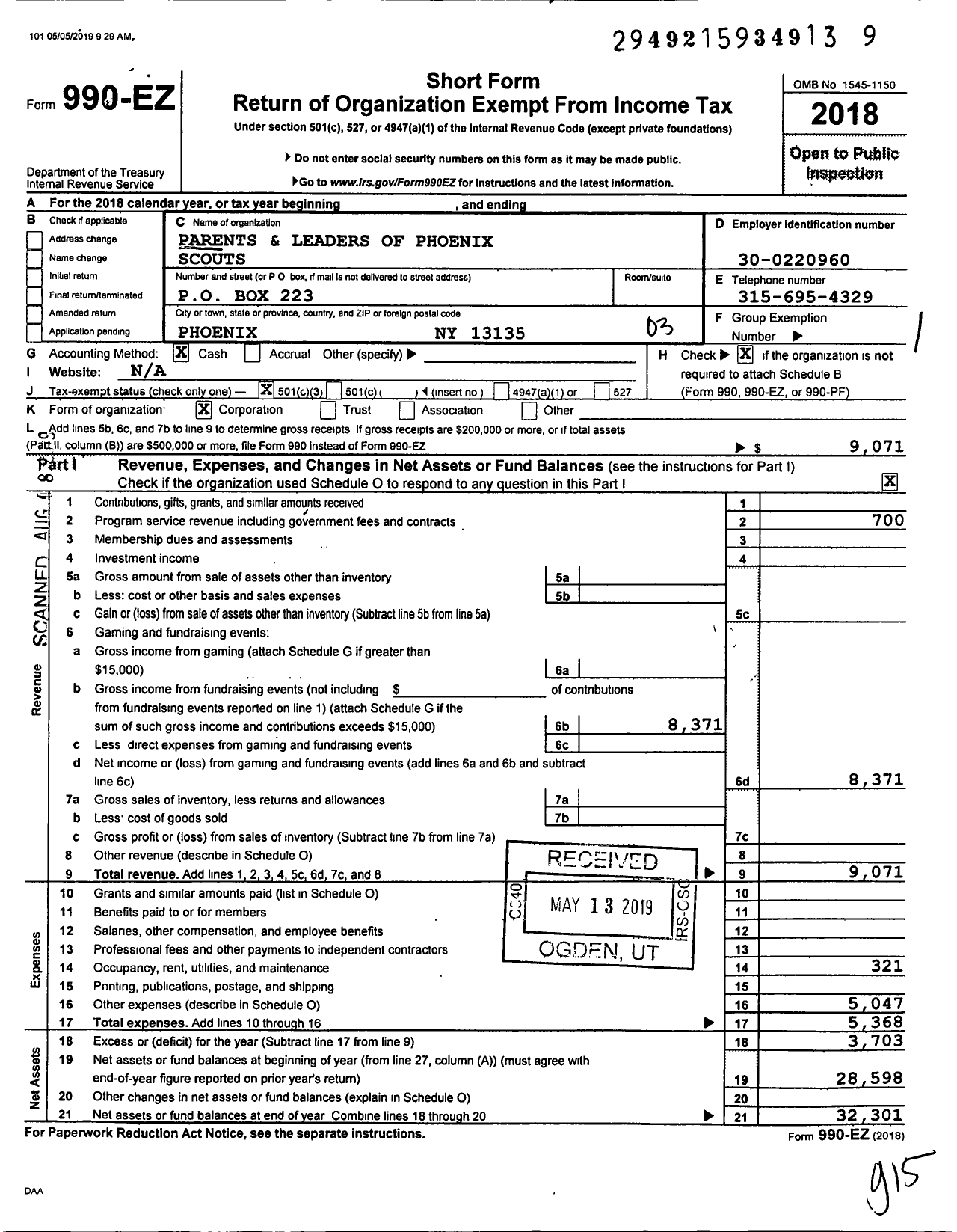 Image of first page of 2018 Form 990EZ for Parents and Leaders of Phoenix Scouts