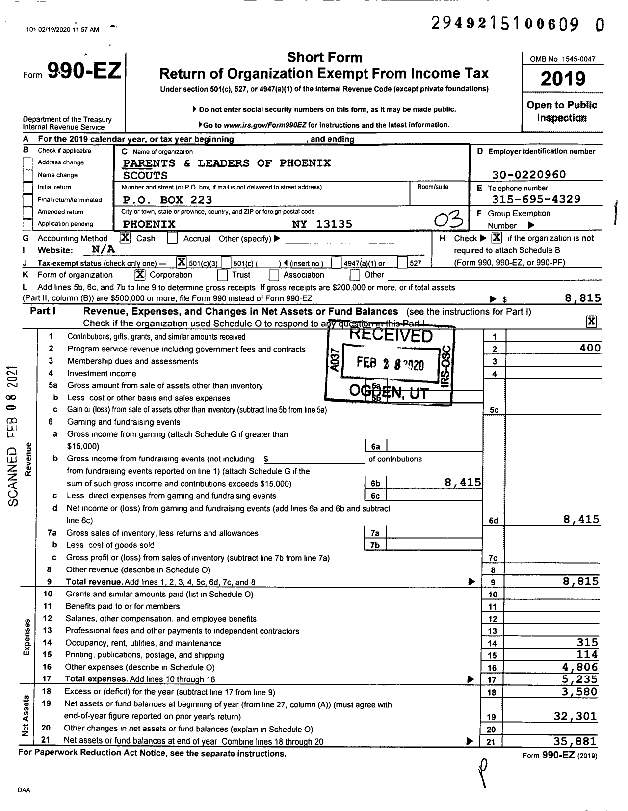 Image of first page of 2019 Form 990EZ for Parents and Leaders of Phoenix Scouts