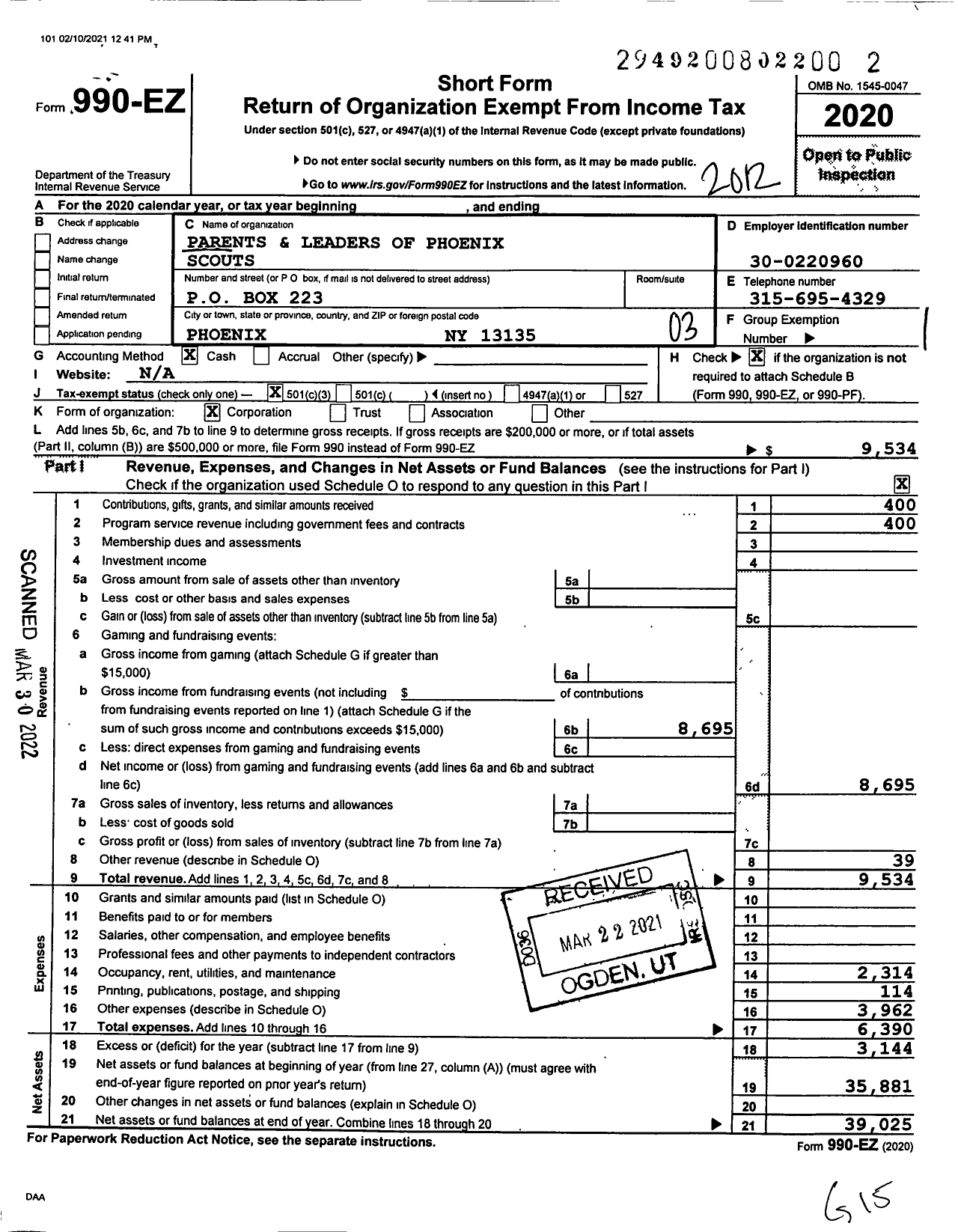 Image of first page of 2020 Form 990EZ for Parents and Leaders of Phoenix Scouts