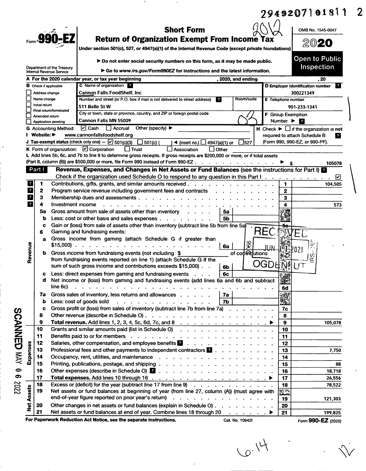 Image of first page of 2020 Form 990EZ for Cannonfalls Falls Food Shelf