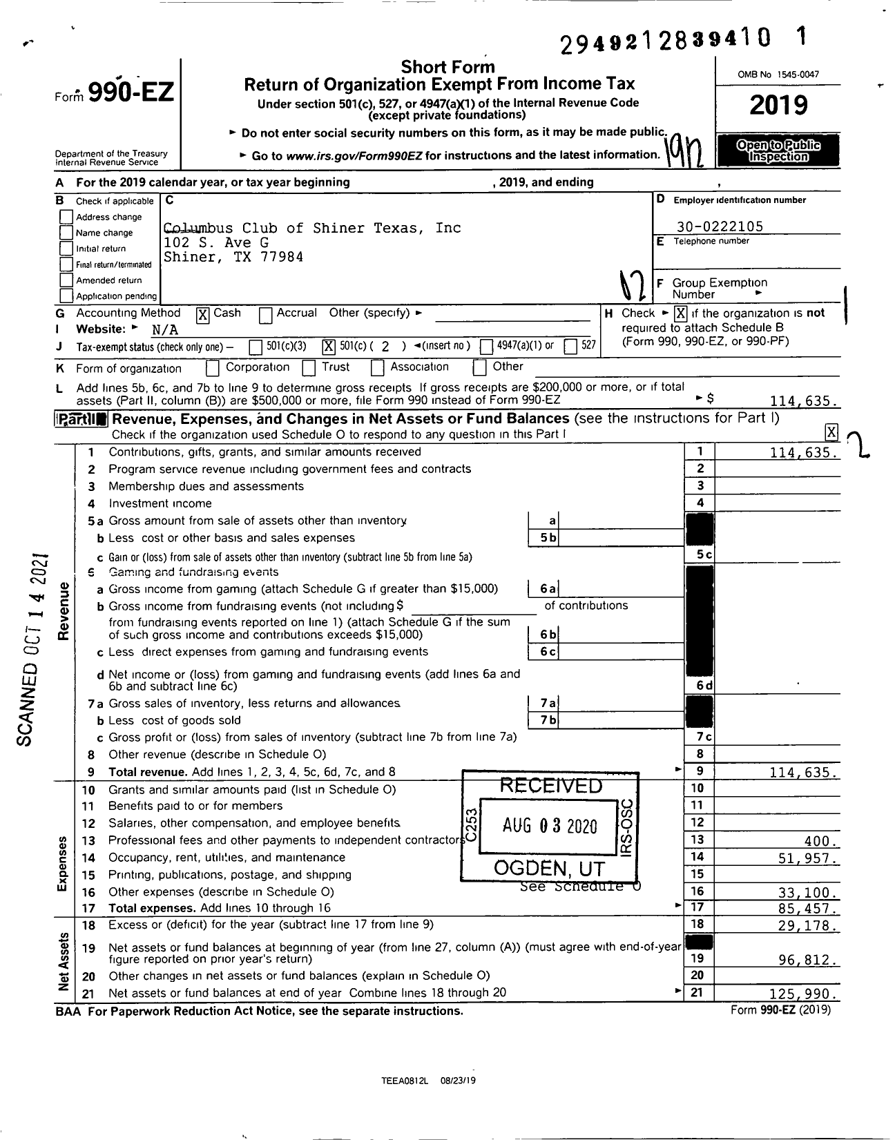 Image of first page of 2019 Form 990EO for Columbus Club of Shiner Texas