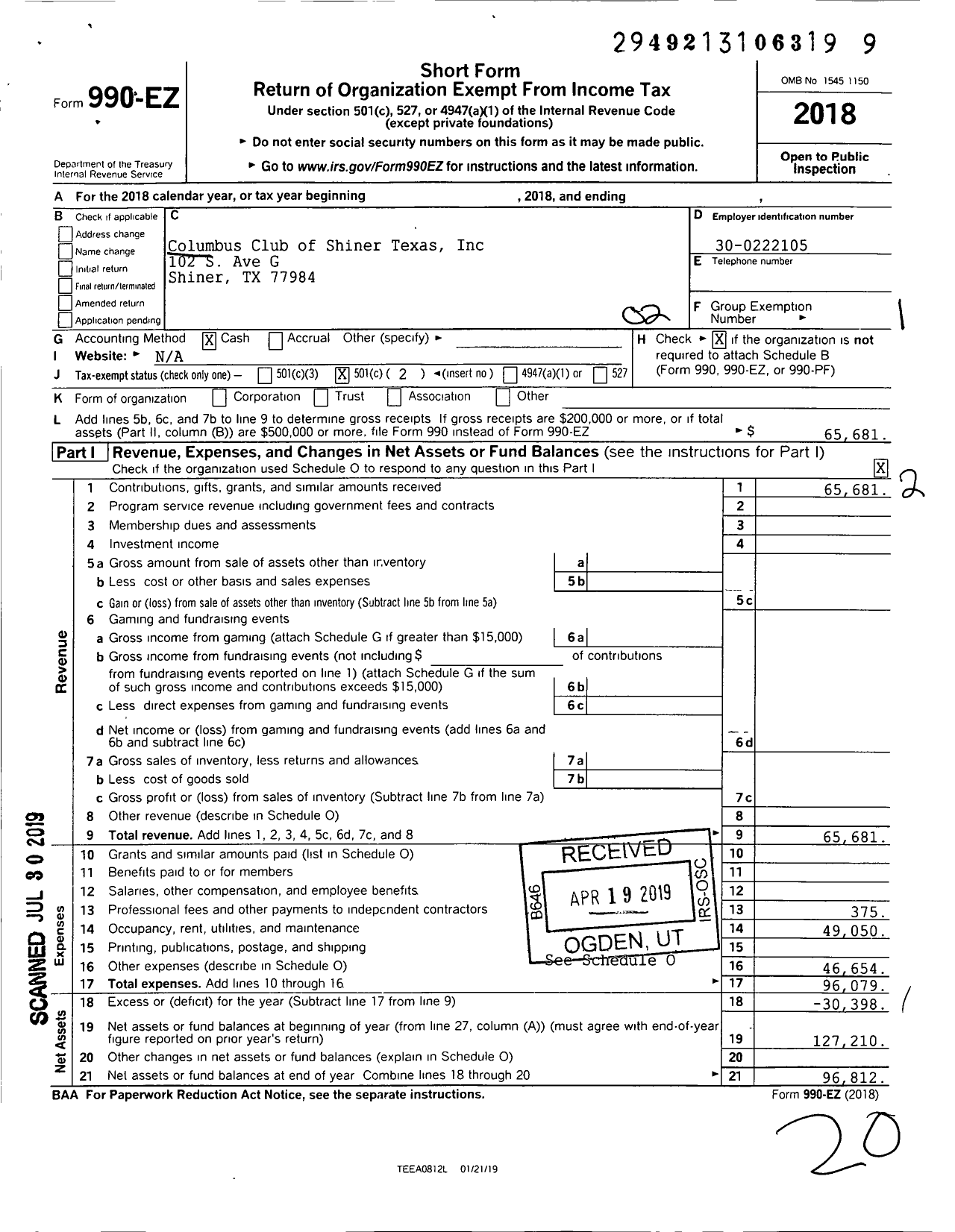 Image of first page of 2018 Form 990EO for Columbus Club of Shiner Texas