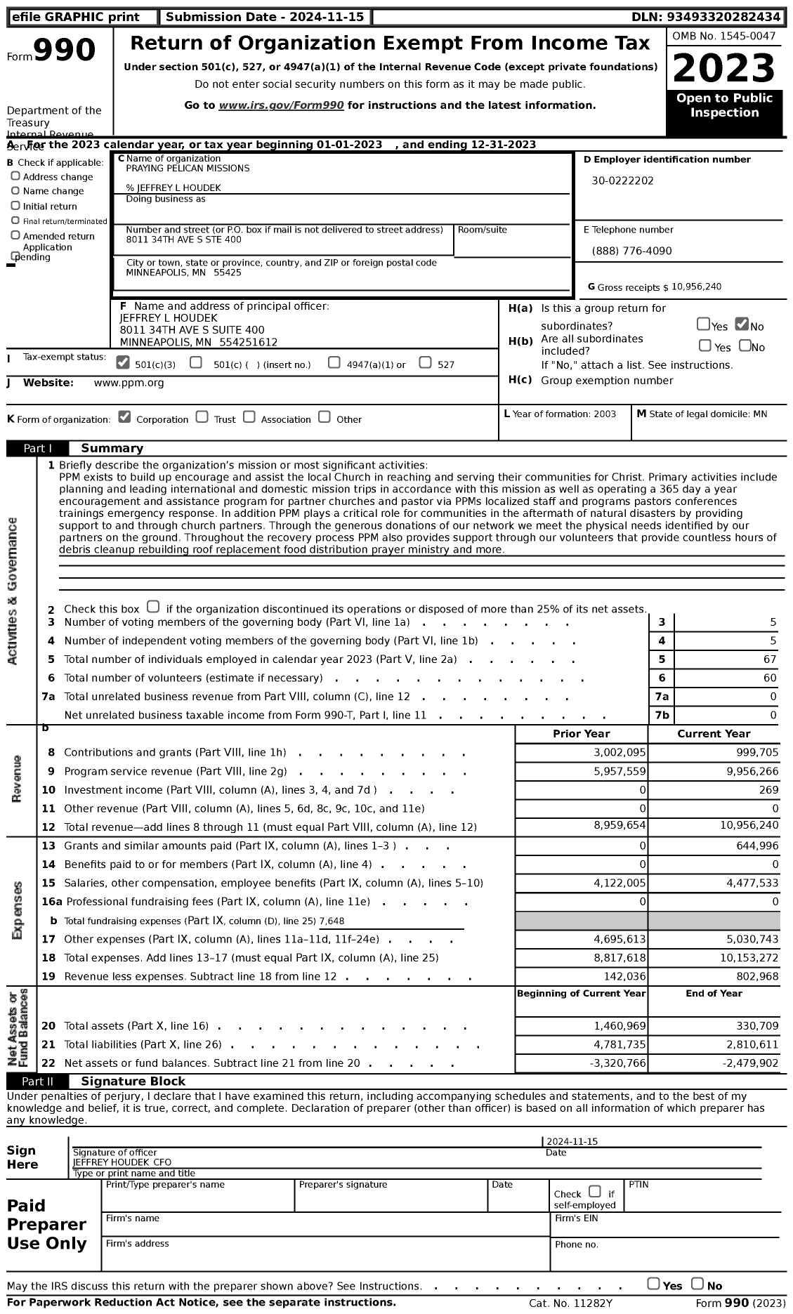 Image of first page of 2023 Form 990 for Praying Pelican Missions