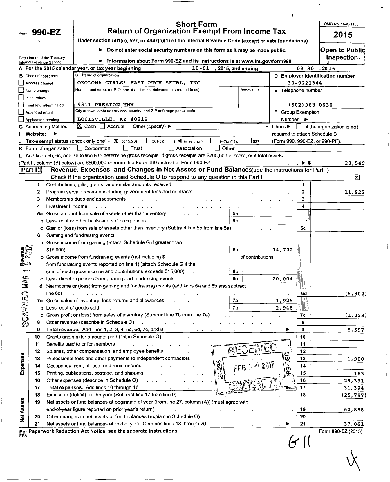 Image of first page of 2015 Form 990EZ for Okolona Girls Fast Pitch Softball