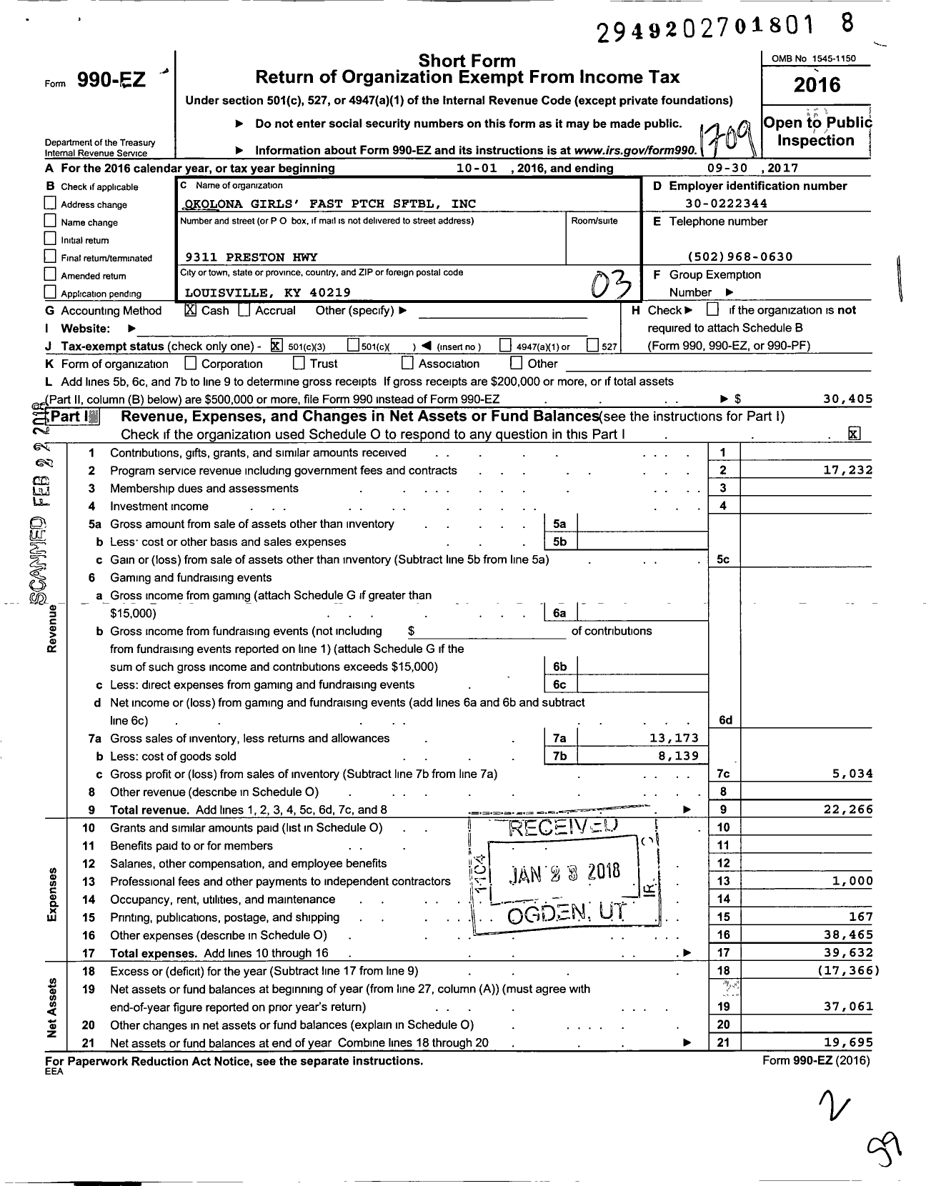 Image of first page of 2016 Form 990EZ for Okolona Girls Fast Pitch Softball