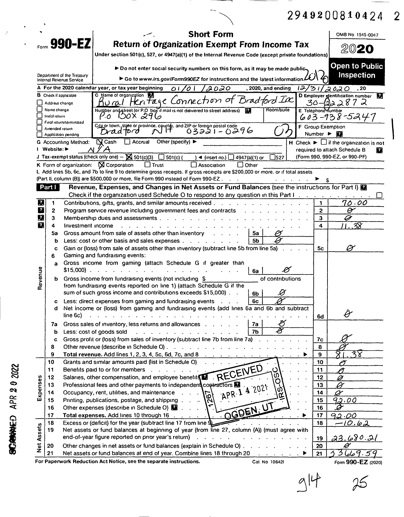 Image of first page of 2020 Form 990EZ for Rural Heritage Connection of Bradford