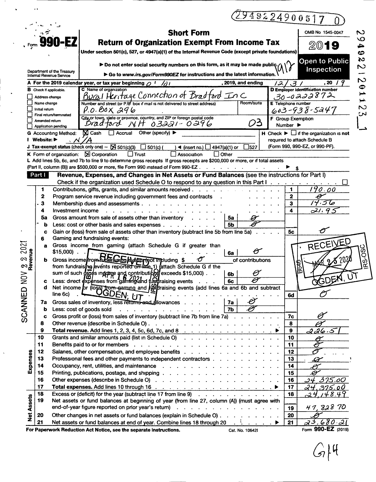 Image of first page of 2019 Form 990EZ for Rural Heritage Connection of Bradford