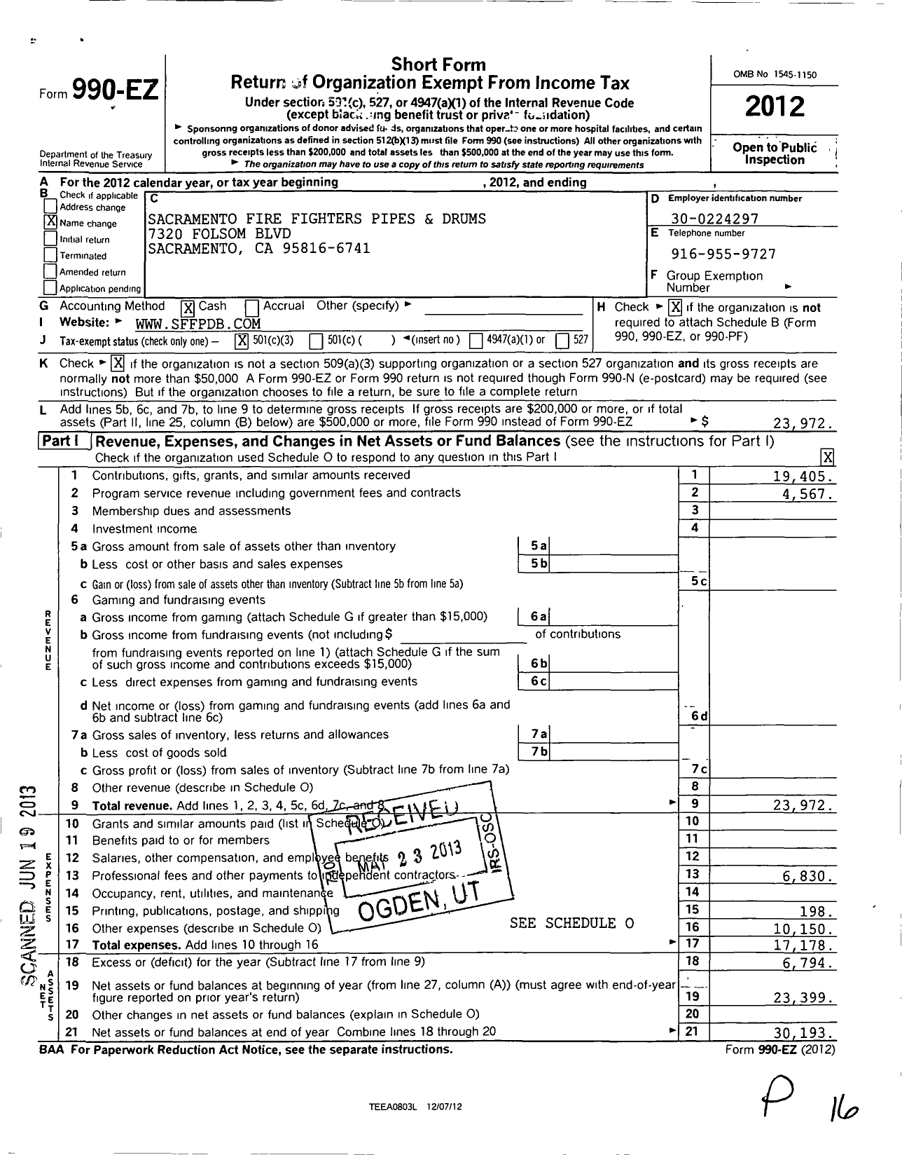 Image of first page of 2012 Form 990EZ for Sacramento Fire Fighters Pipes and Drums